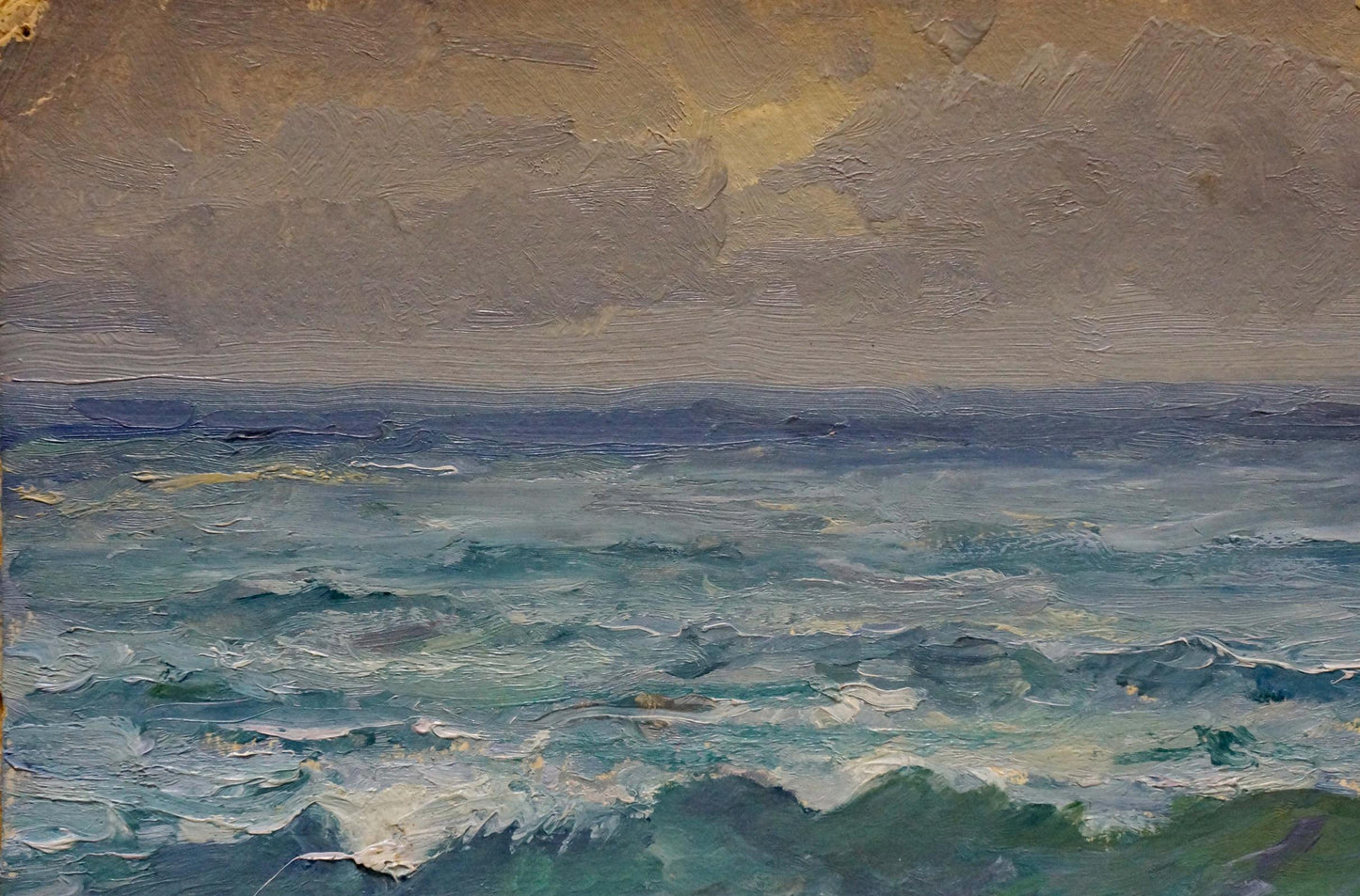 Oil painting Seascape by Arkady Strelov: turbulent ocean under overcast sky