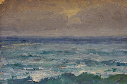 Oil painting Seascape by Arkady Strelov: turbulent ocean under overcast sky
