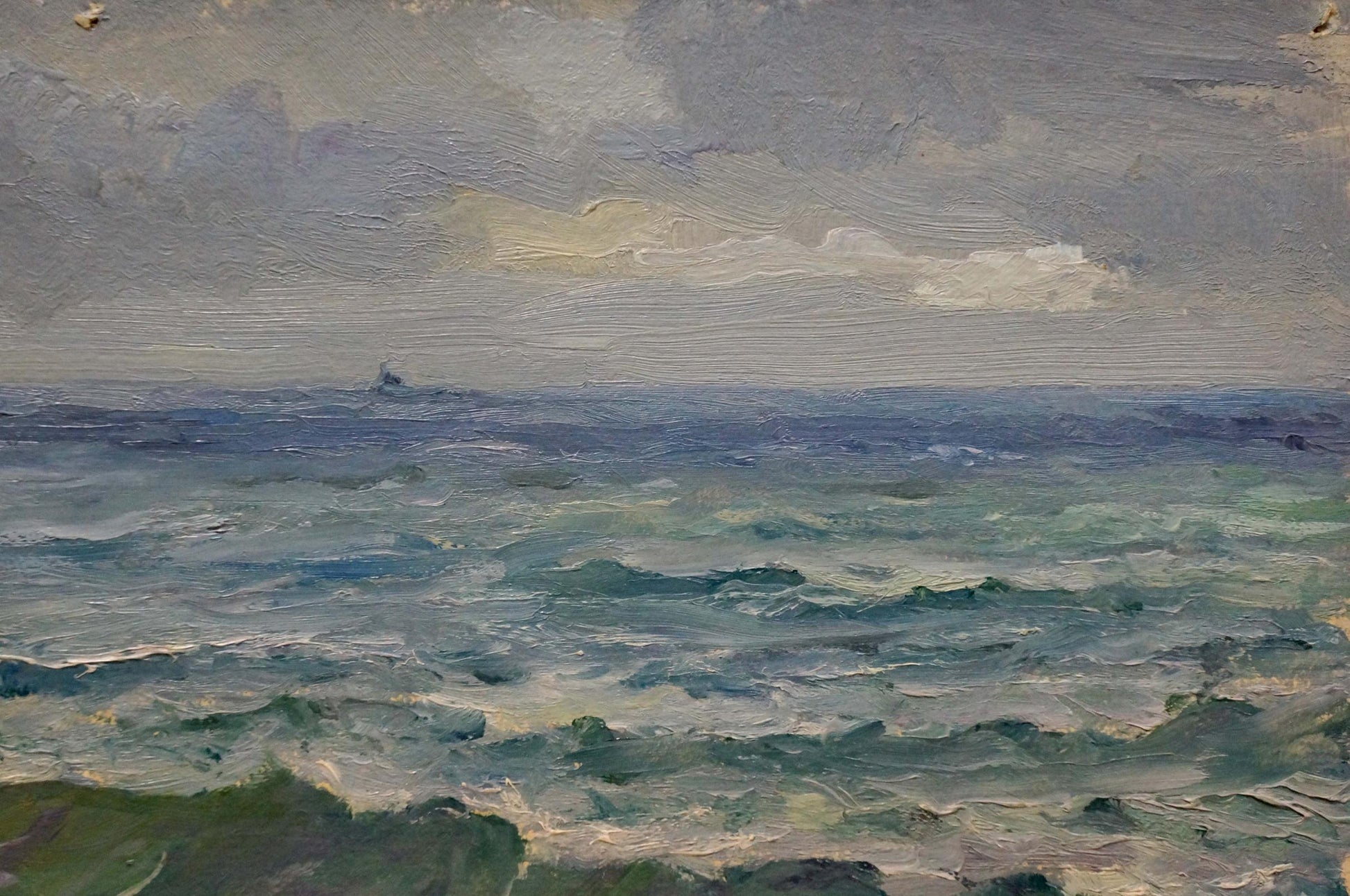 Oil painting Seascape by Arkady Strelov: turbulent sea under overcast sky