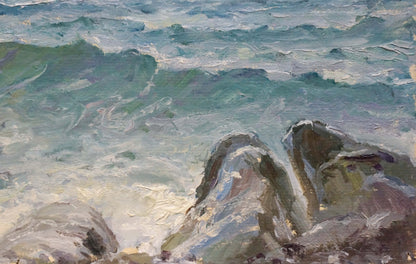 Textured impressionist oil painting of turbulent teal waves by Arkady Strelov