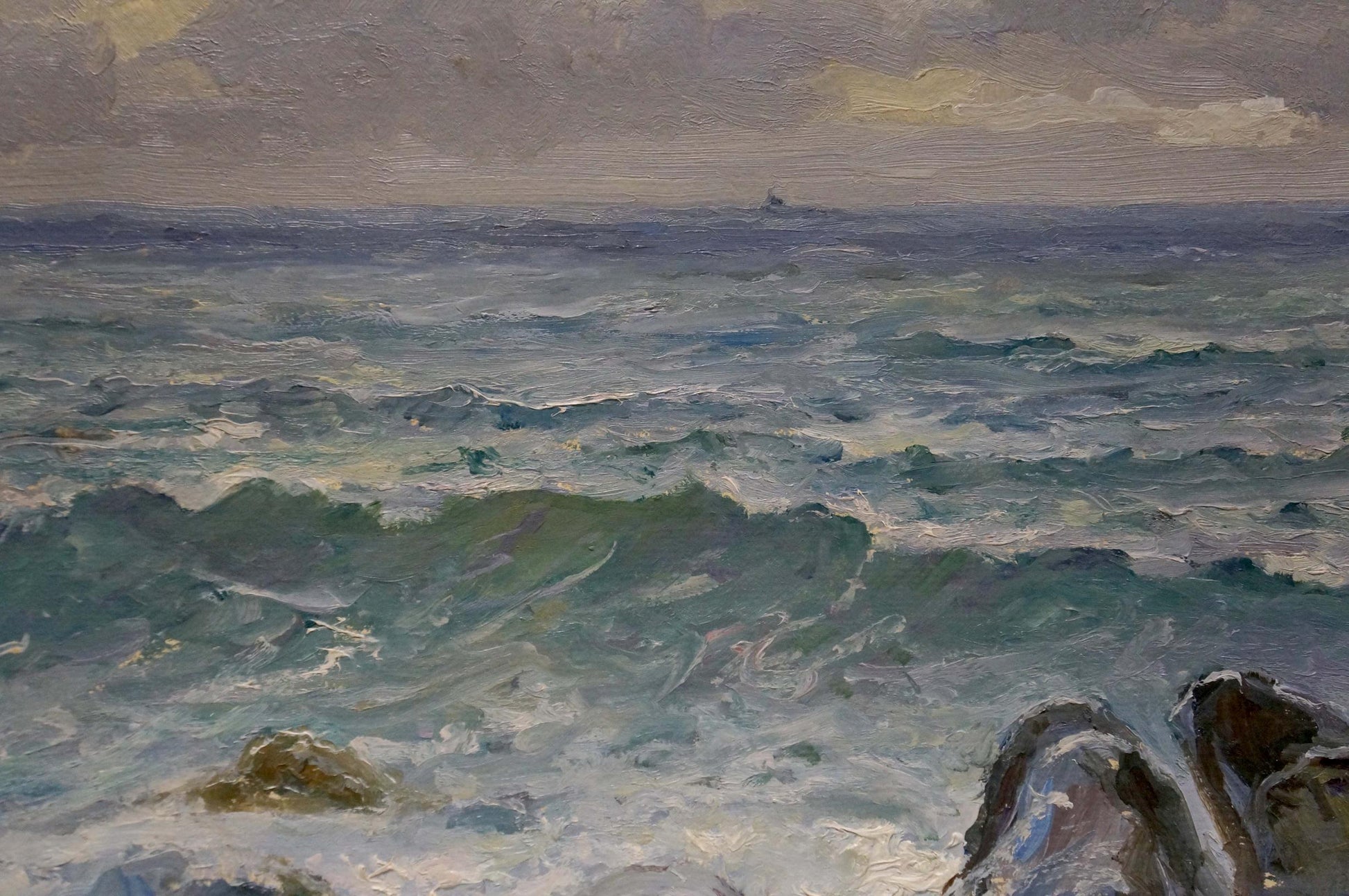 Oil painting Seascape by Arkady Strelov: stormy teal waves crashing on rocks