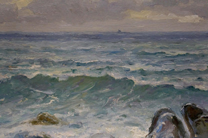 Oil painting Seascape by Arkady Strelov: stormy teal waves crashing on rocks