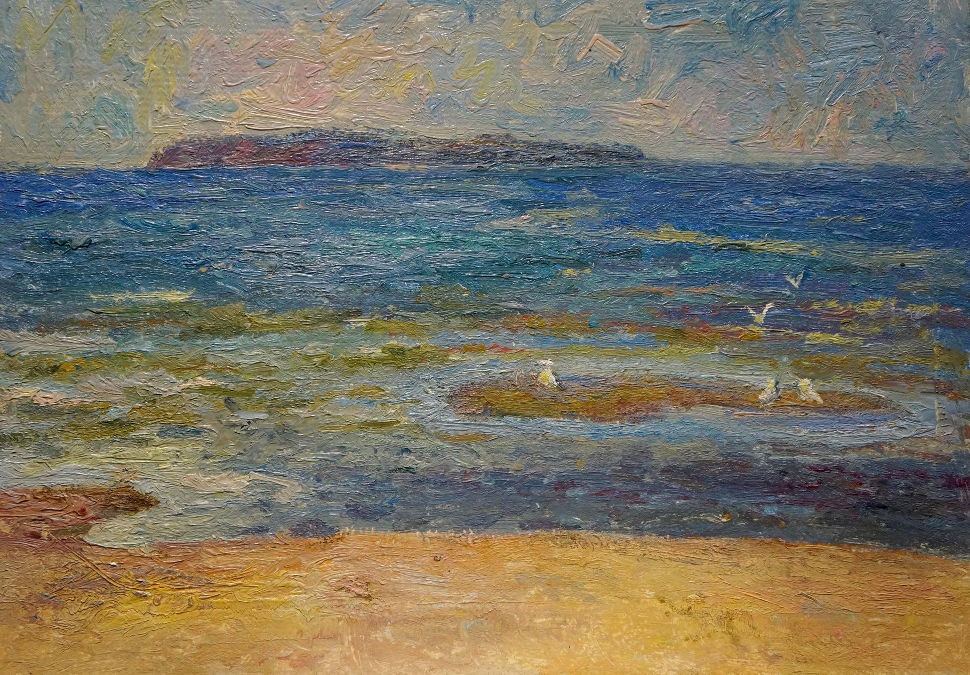 Textured impressionist oil painting by Kucherov Alexander Alexandrovich: vibrant coastal waves on sandy shore