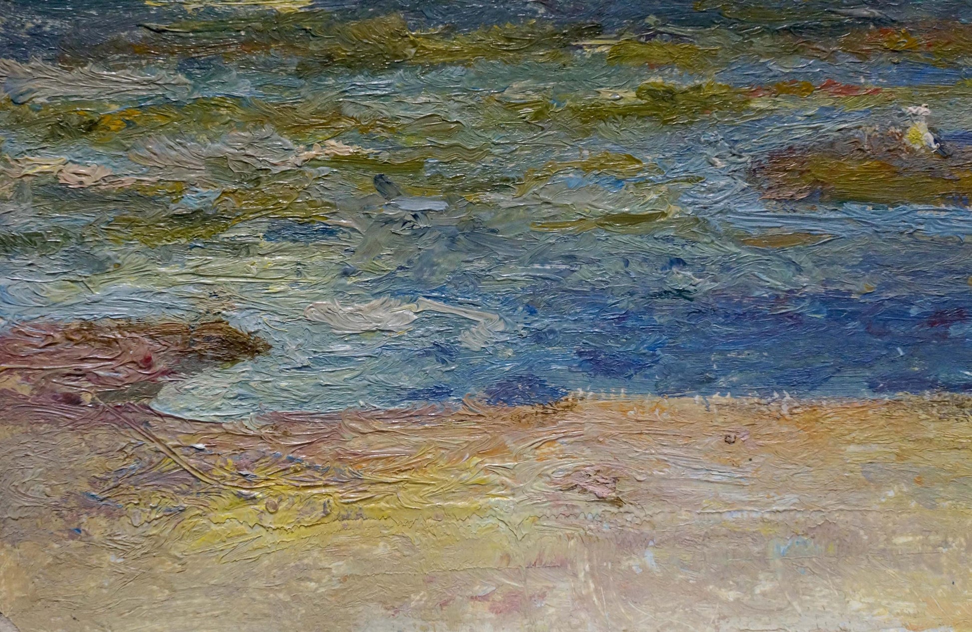 Impressionistic oil painting of hot day coastal scene by Kucherav, textured blues