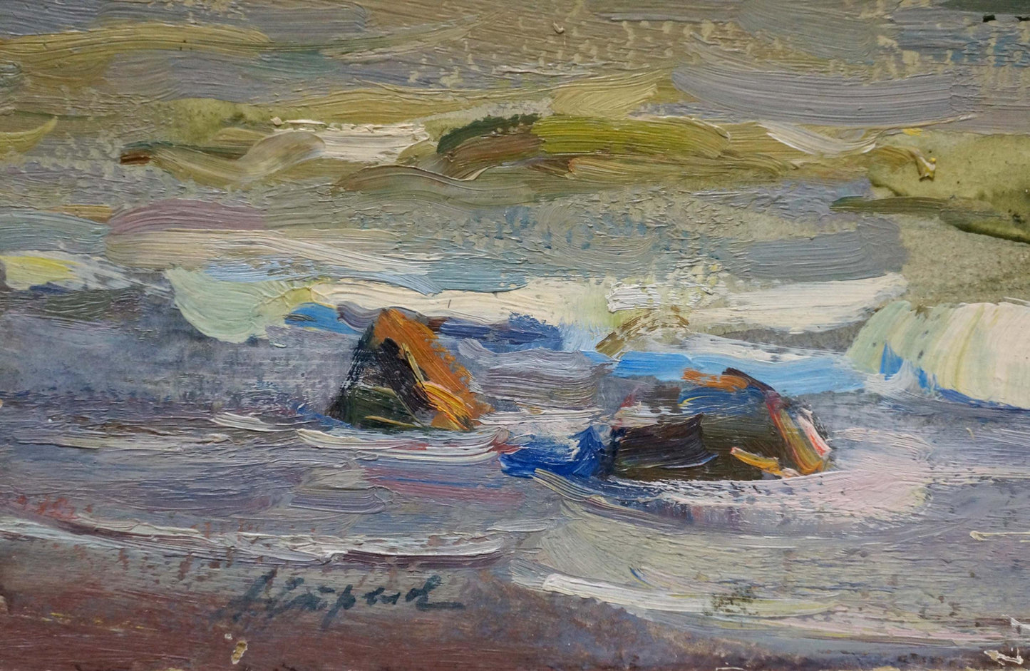Oil painting of ship at sea by Strelov Arkady Efimovich with orange-tipped rocks in turbulent waters