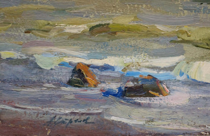 Oil painting of ship at sea by Strelov Arkady Efimovich with orange-tipped rocks in turbulent waters