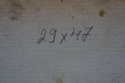Back of Sea Khodchenko Lev Pavlovich oil painting with 29 x 47 in marker notation on textured wall