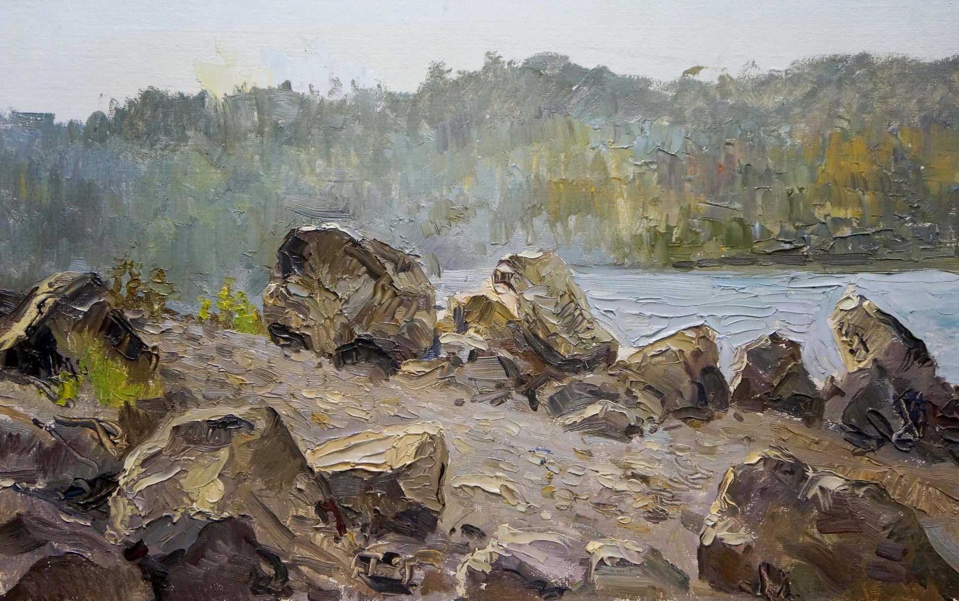 Oil painting of rocky coast landscape by unknown artist