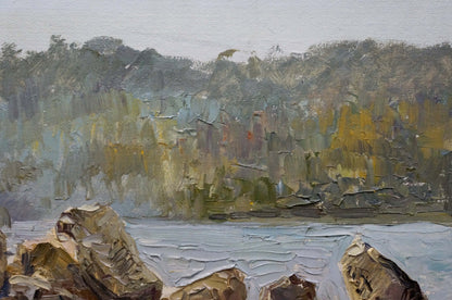 Unidentified artist's oil painting of a rocky coast landscape