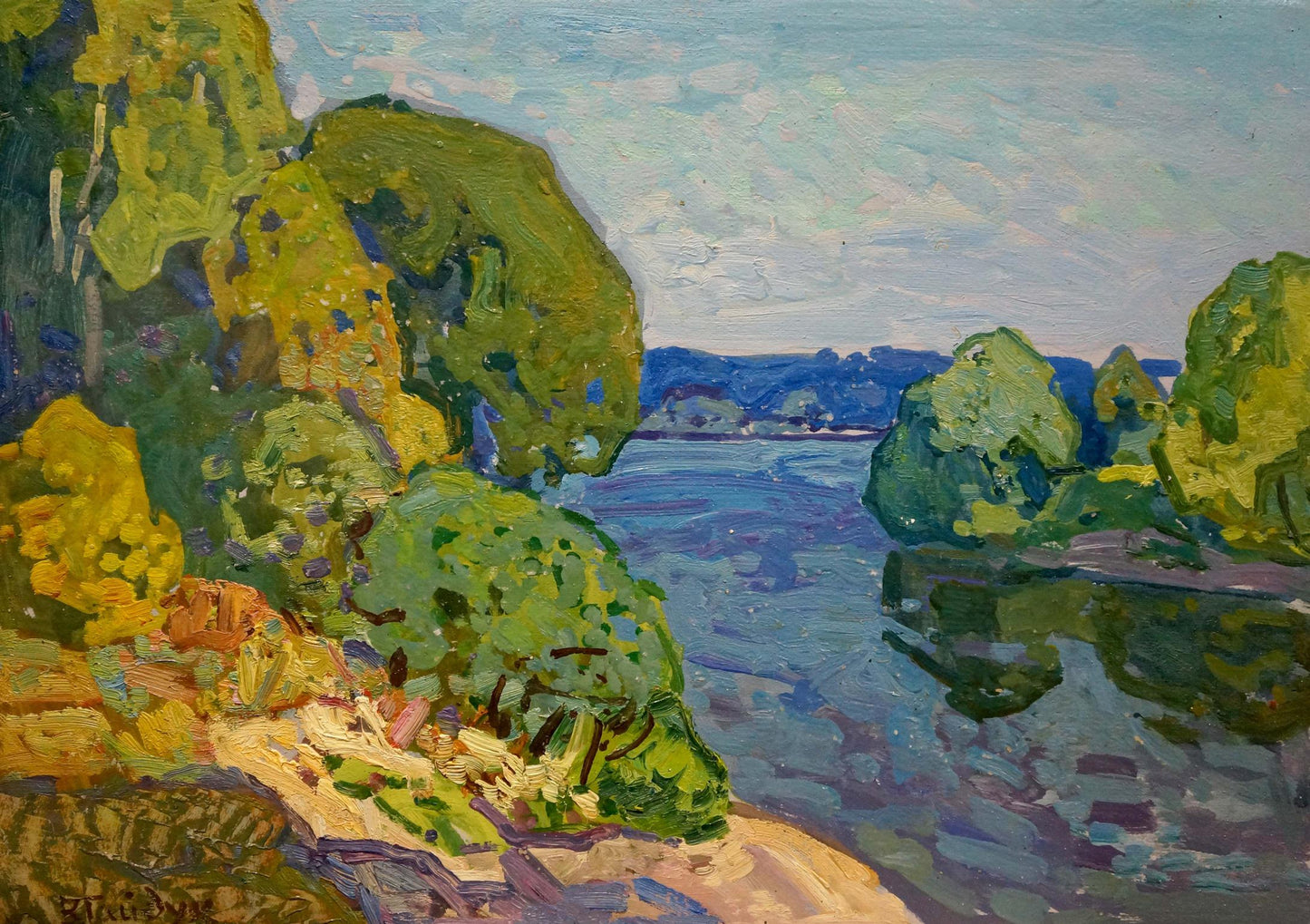 Vibrant impressionist oil painting by Viktor Gaiduk: lush trees, winding blue river