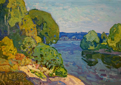 Vibrant impressionist oil painting by Viktor Gaiduk: lush trees, winding blue river