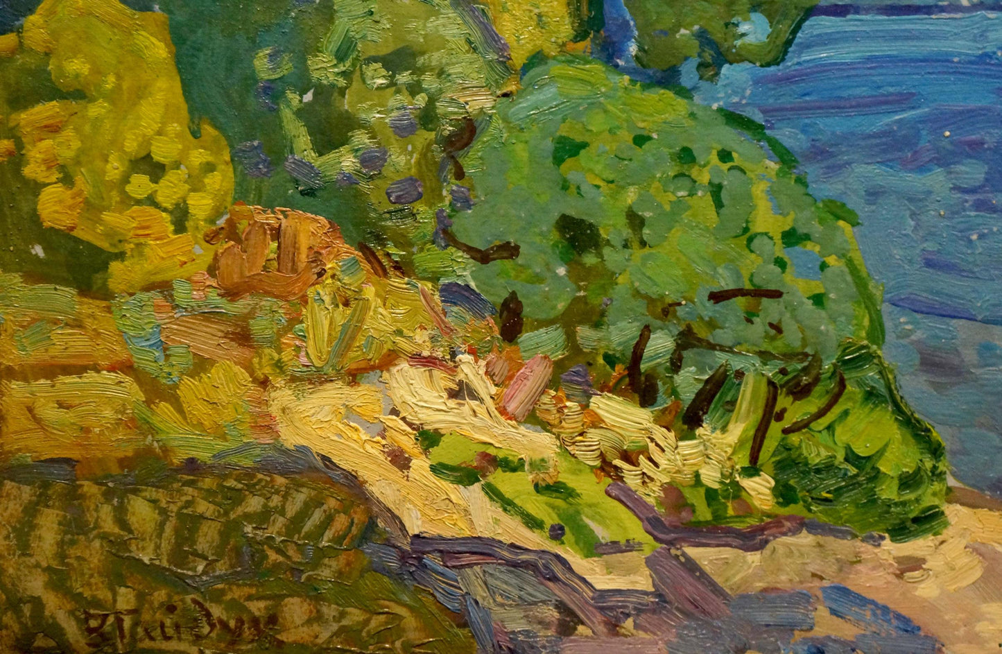 Vibrant impressionist oil painting by Viktor Gaiduk of coastal landscape with river