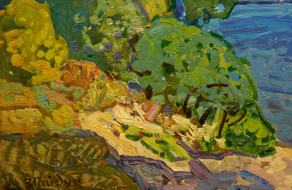 Vibrant impressionist oil painting by Viktor Gaiduk of coastal landscape with river