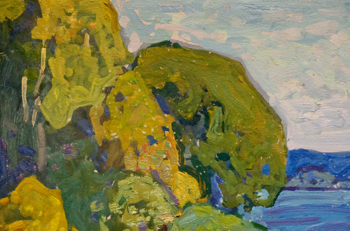 Vibrant impressionist oil painting by Viktor Gaiduk of rocky shoreline with river