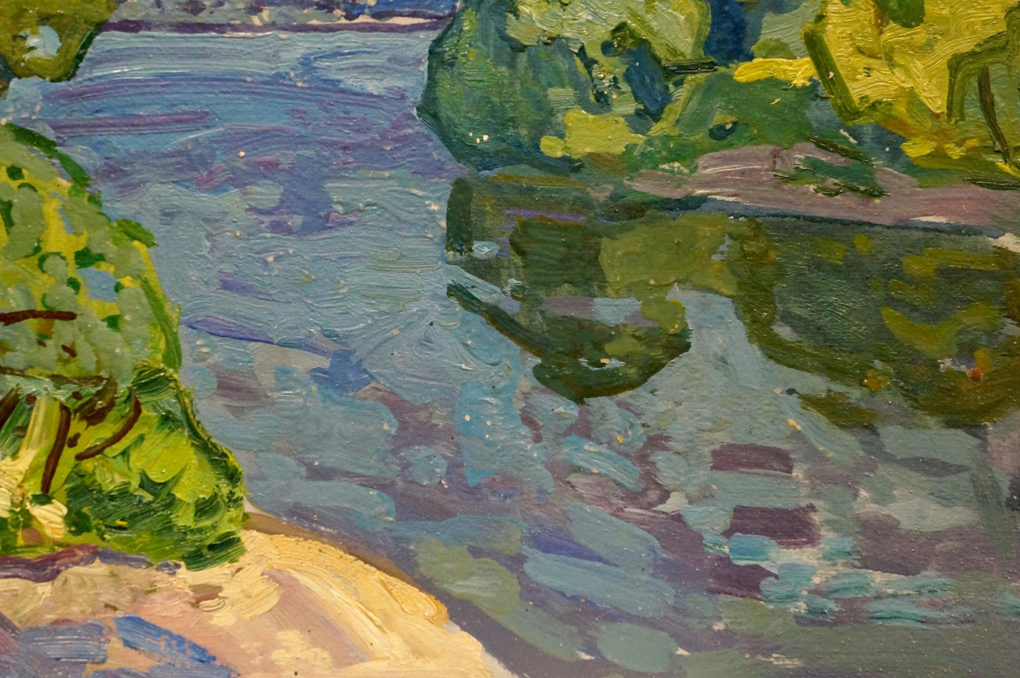 Vibrant impressionist oil painting by Viktor Gaiduk of winding river landscape