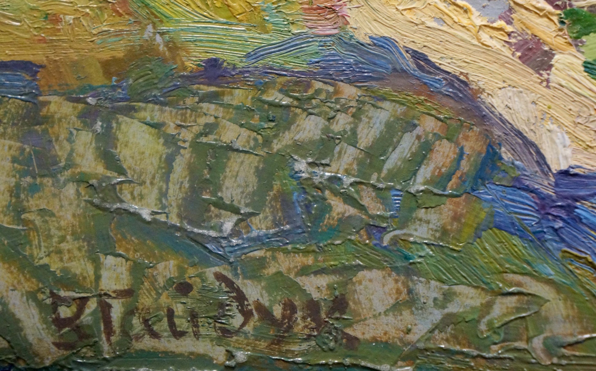 Oil painting landscape with winding river by Viktor Gaiduk, impasto greens and blues