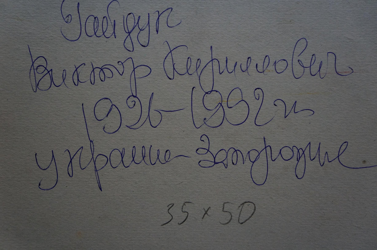 Back of Viktor Gaiduk oil painting landscape with handwritten blue ink inscription on gray surface