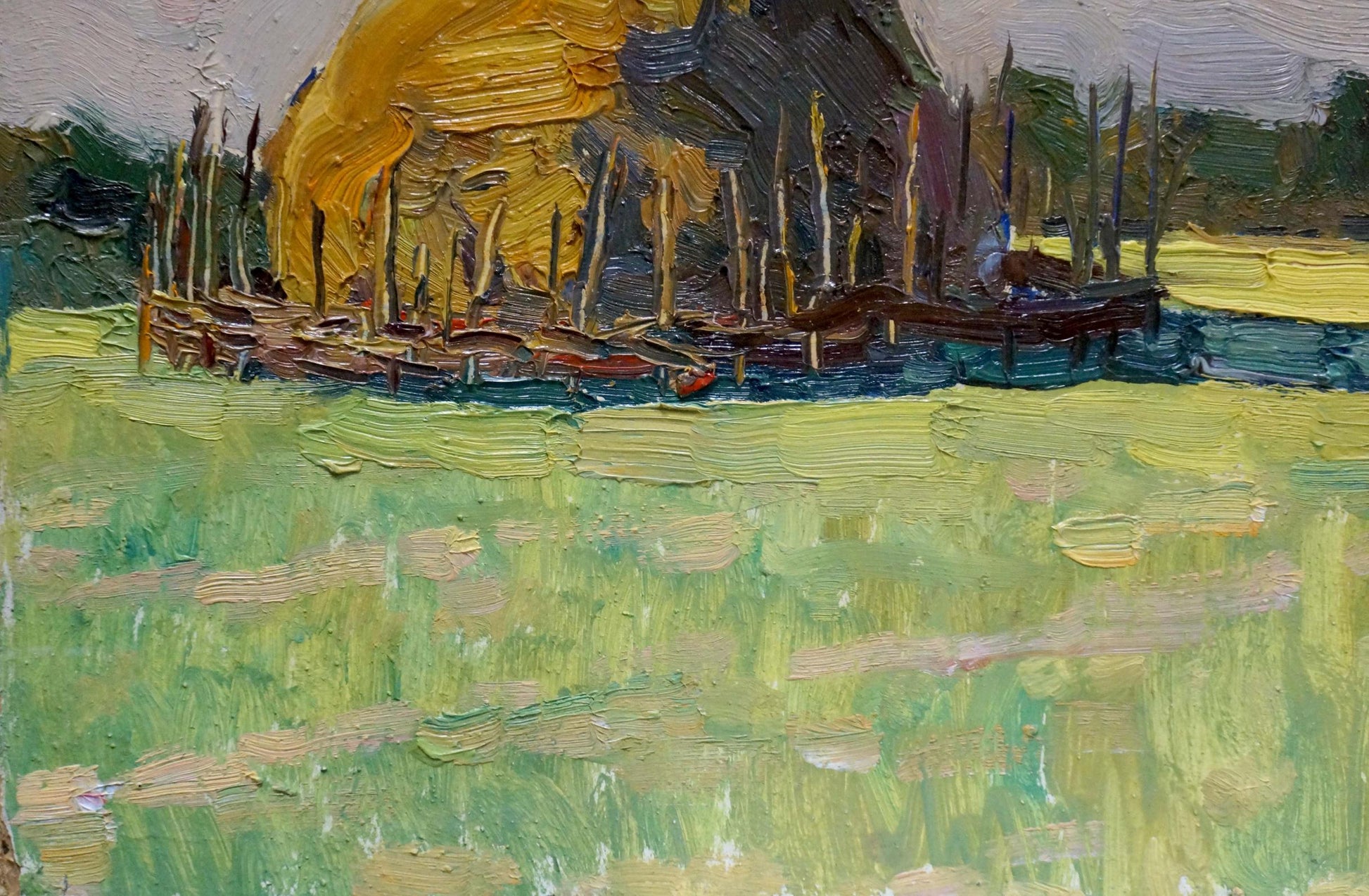 Impressionistic oil painting by Mordovets Andrey Nikitich of dock with boats under golden sky