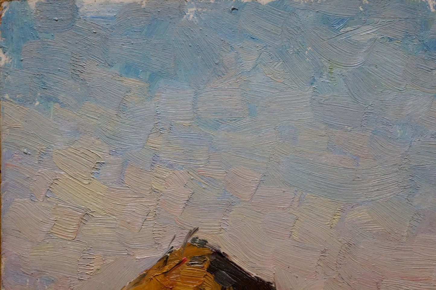 Textured oil painting by Mordovets Andrey Nikitich of blue-gray sky over orange haystack hill