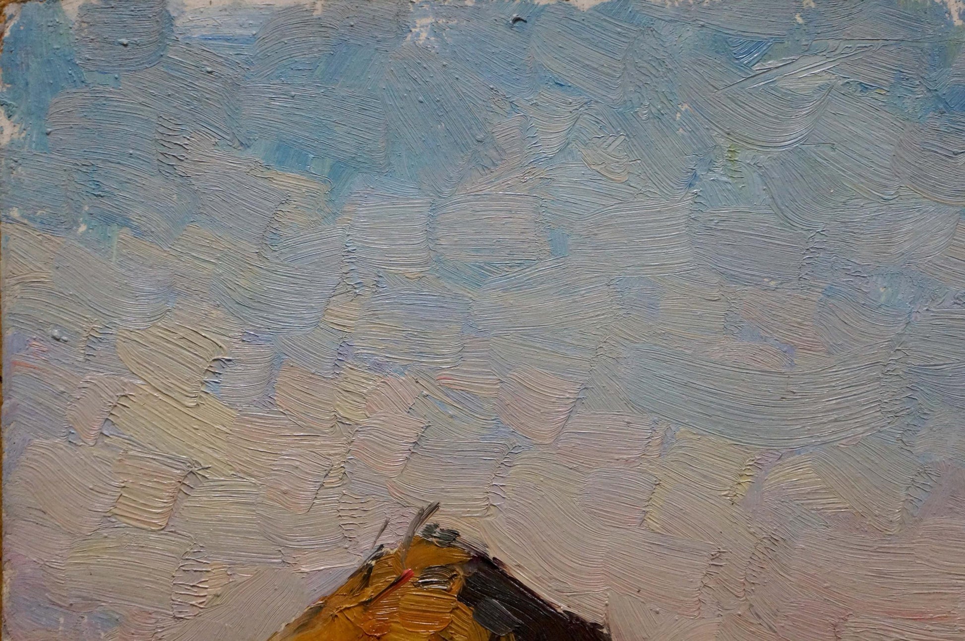 Textured oil painting by Mordovets Andrey Nikitich of blue-gray sky over orange haystack hill