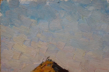 Textured oil painting by Mordovets Andrey Nikitich of blue-gray sky over orange haystack hill