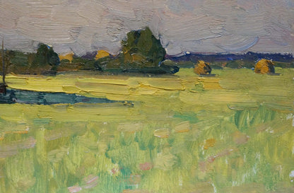 Oil painting Haystacks by Mordovets Andrey Nikitich: vibrant green field with yellow hay bales under soft gray sky