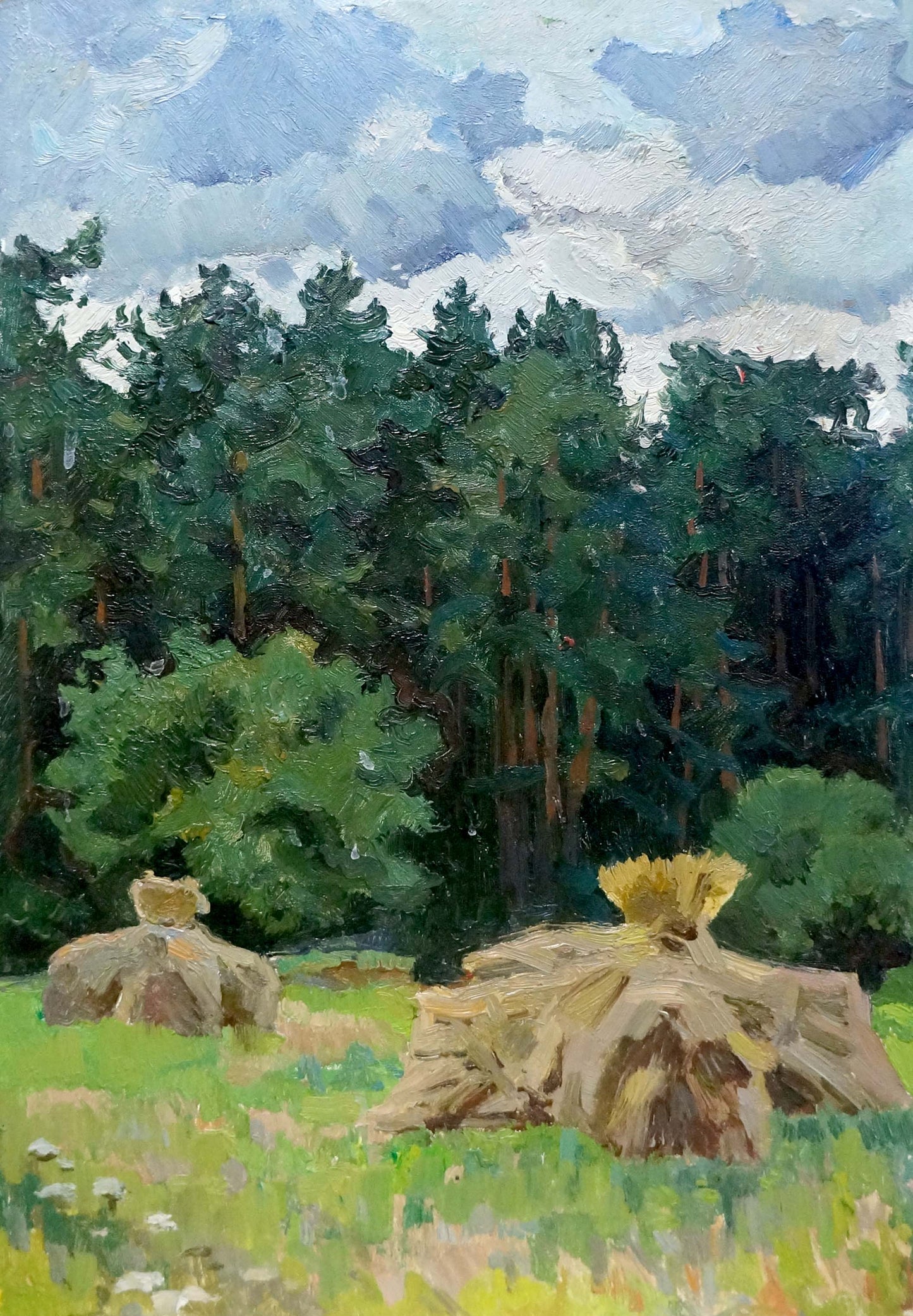 Oil painting by Kolomoitsev Petr Mikhailovich: golden-brown hay bales in sunlit field