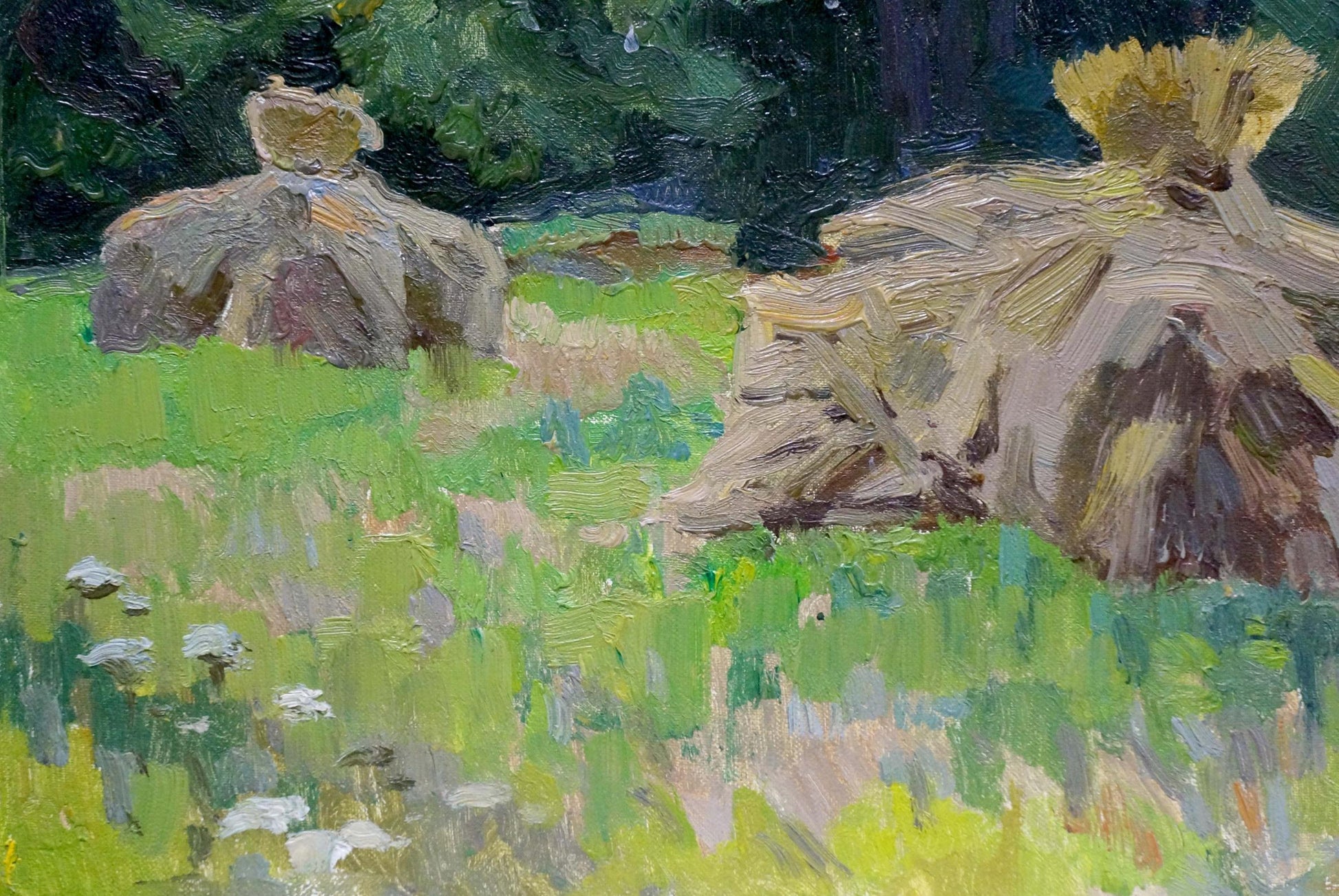 Oil painting by Kolomoitsev Petr Mikhailovich: hay bales in green field