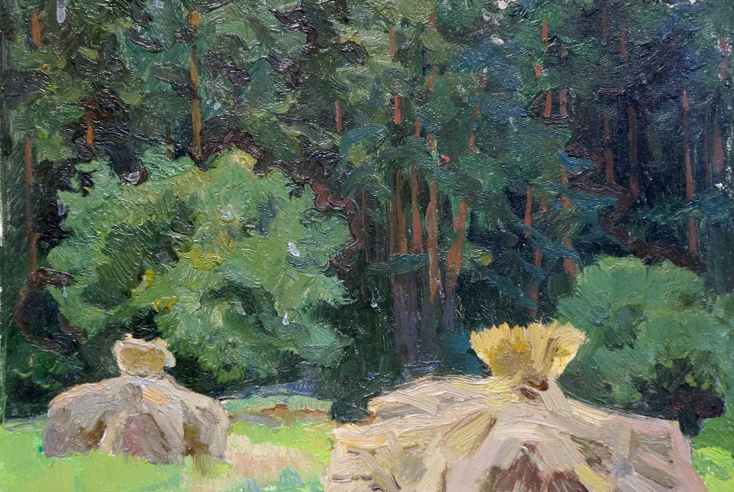 Oil painting by Kolomoitsev Petr Mikhailovich: two weathered stone sculptures in lush forest