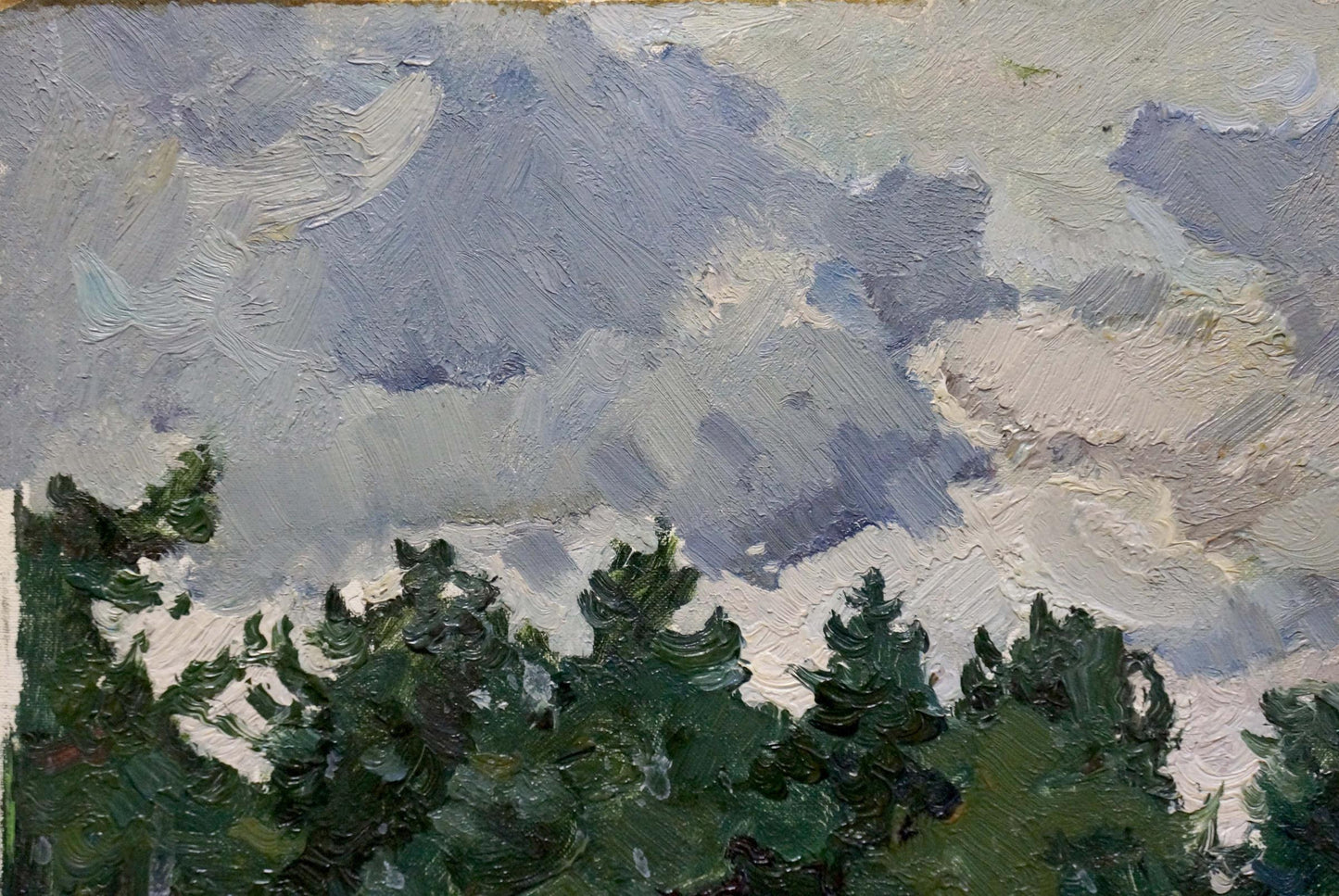 Textured impressionist oil painting of cloudy sky over pine trees by Kolomoitsev Petr Mikhailovich