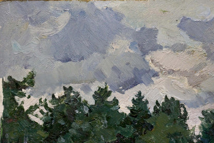 Textured impressionist oil painting of cloudy sky over pine trees by Kolomoitsev Petr Mikhailovich