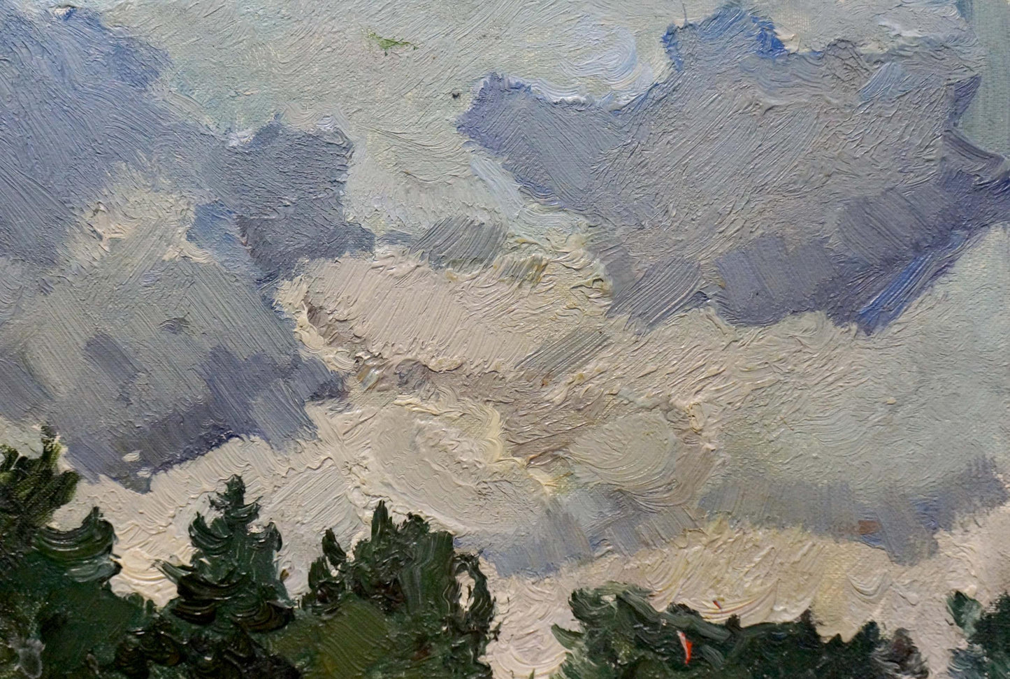 Oil painting of gray-blue clouds over dark green trees by Kolomoitsev Petr Mikhailovich