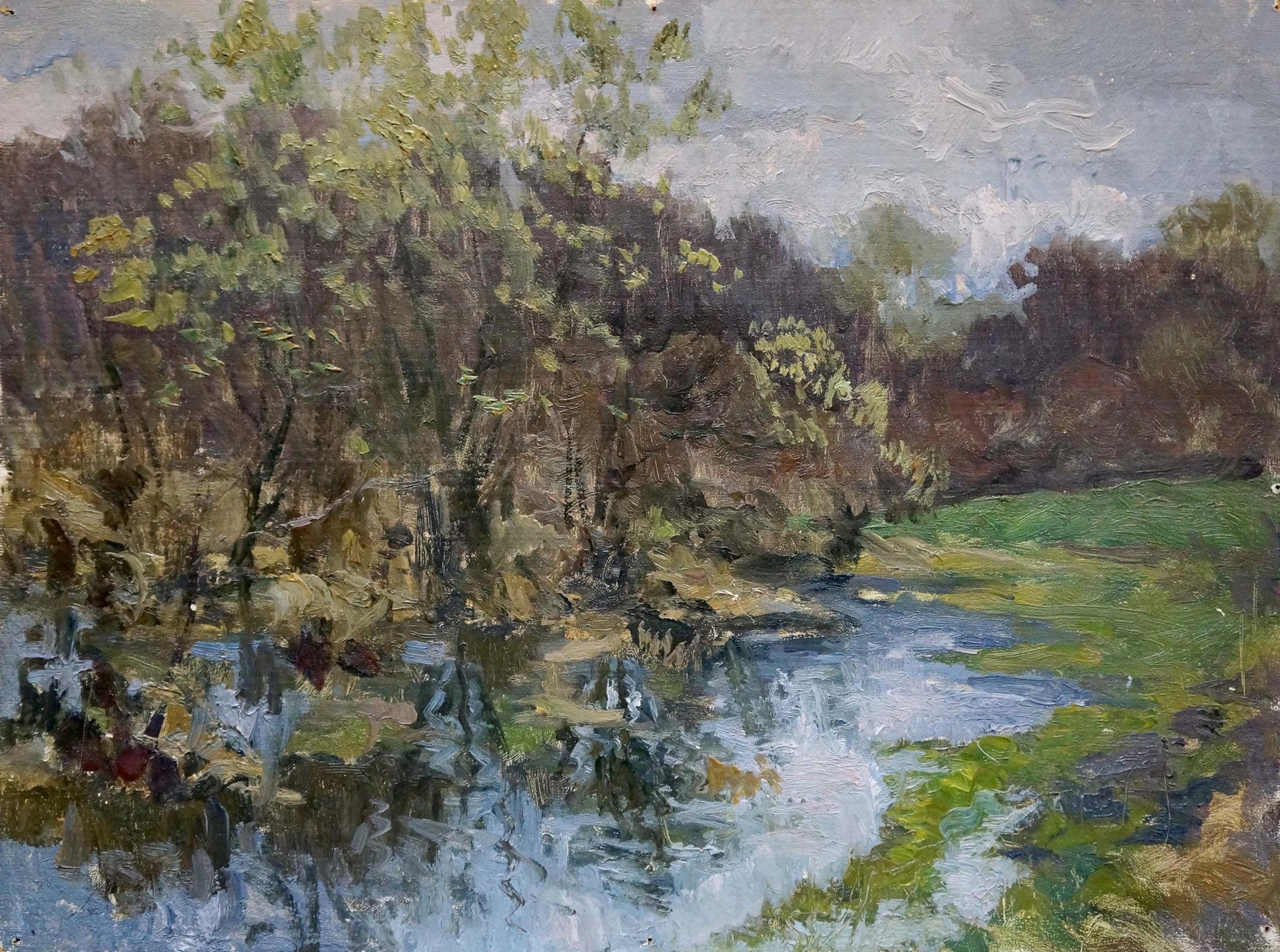 Serene impressionistic oil painting After the Rain by Korzh, lush river scene
