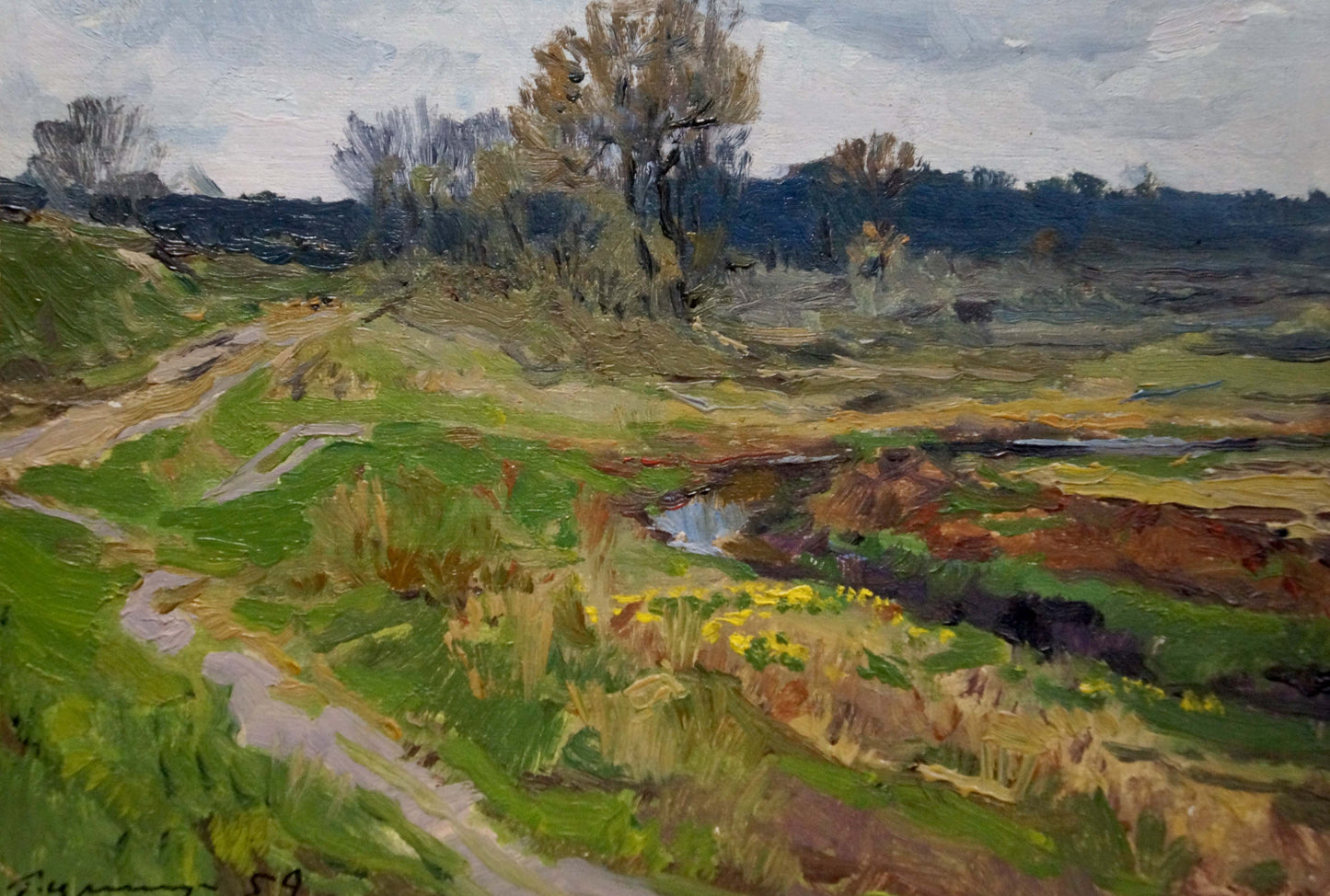 Oil painting Autumn by Kryzhevsky, Grigory Zinovievich: winding path in green field