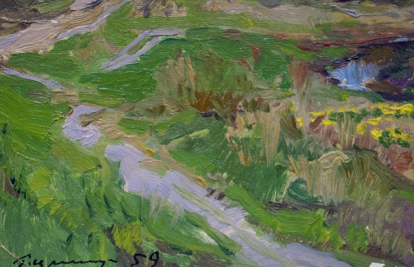 Oil painting Autumn by Kryzhevsky, Grigory Zinovievich: vibrant river in hills