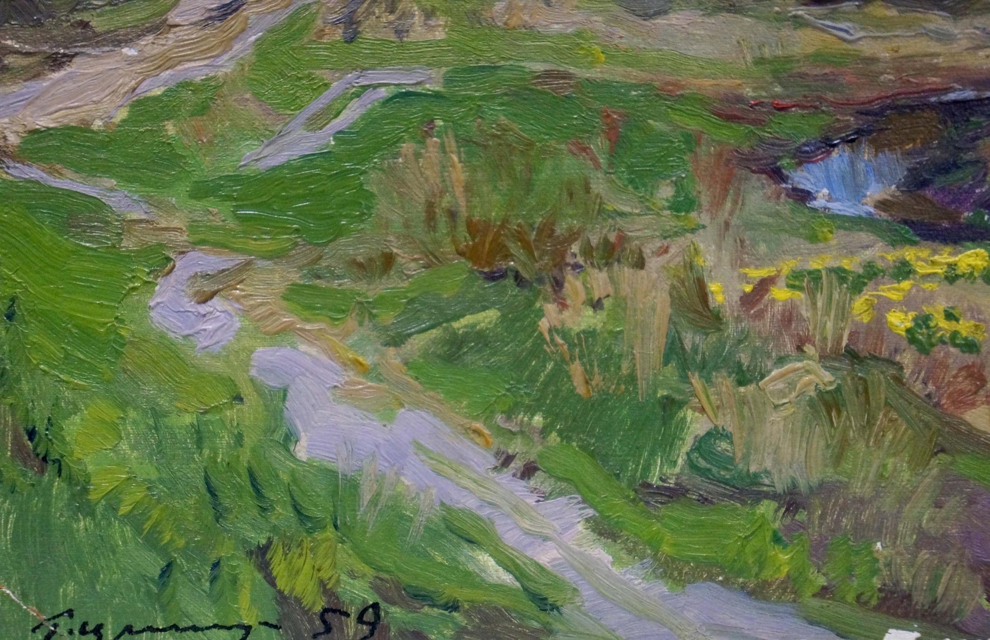 Oil painting Autumn by Kryzhevsky, Grigory Zinovievich: vibrant river in hills