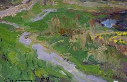 Oil painting Autumn by Kryzhevsky, Grigory Zinovievich: vibrant river in hills