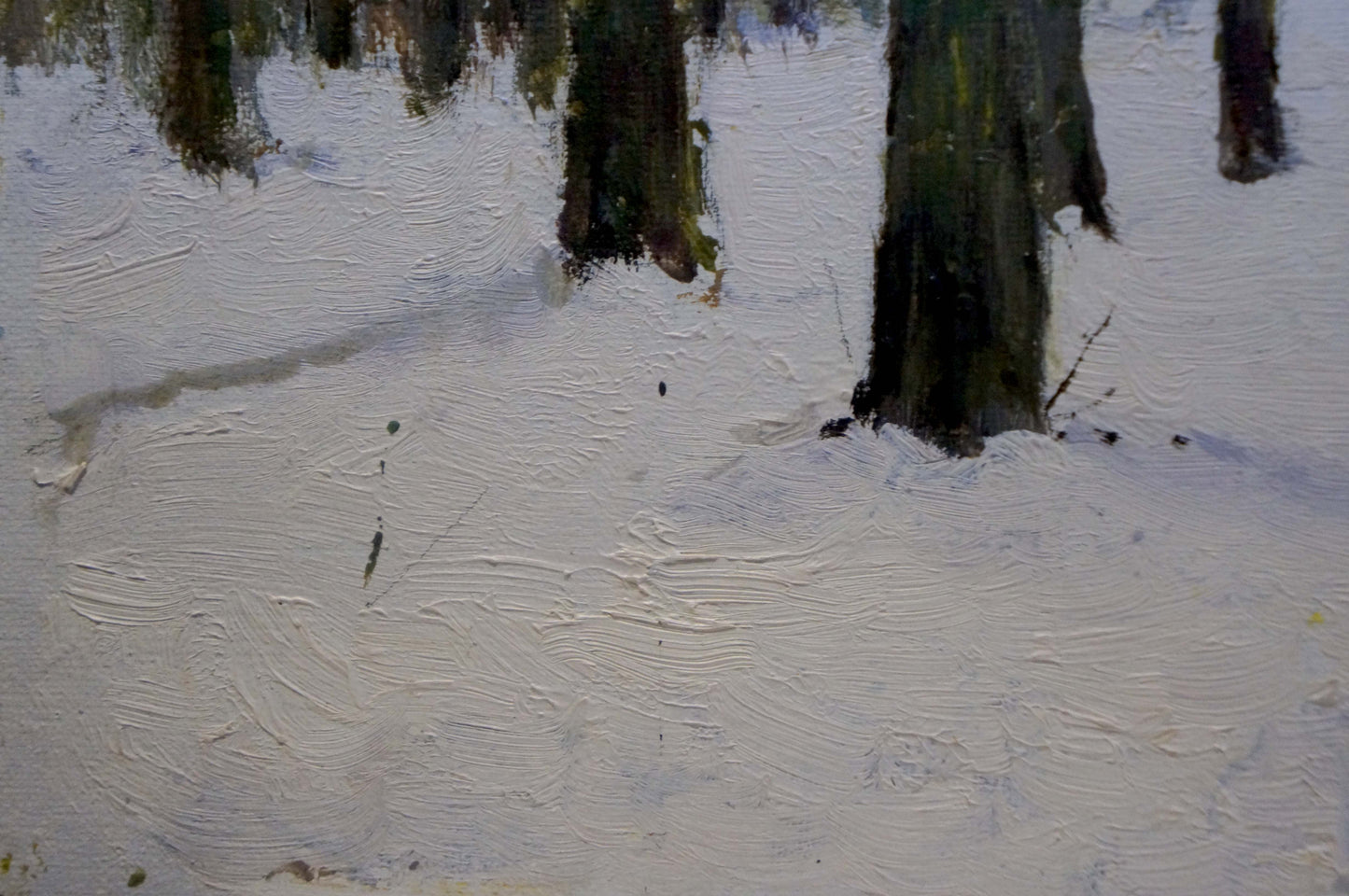 Oil painting of snow-covered ground with rugged tree trunks by Tereshchenko Anatoly Grigorievich