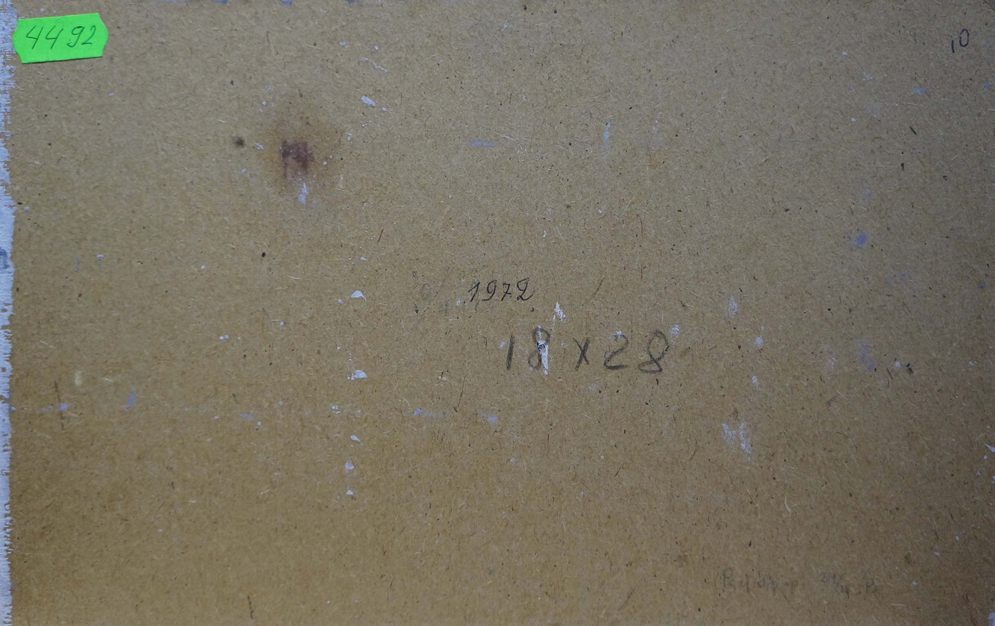 Back of Tereshchenko Anatoly Grigorievich winter forest oil painting with handwritten measurements and green price tag
