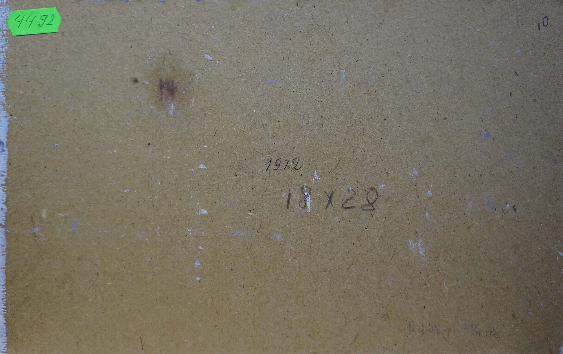 Back of Tereshchenko Anatoly Grigorievich winter forest oil painting with handwritten measurements and green price tag