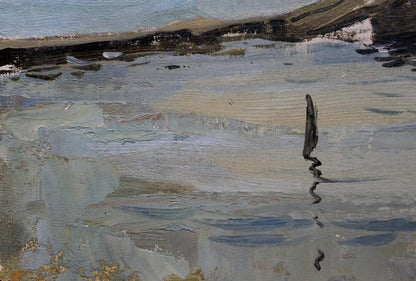 Oil painting of dark twisted driftwood in reflective pool by Puzyrkov Viktor Grigorievich