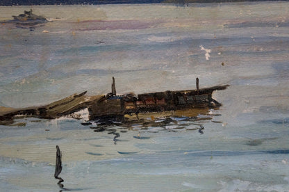 Oil painting by Puzyrkov Viktor Grigorievich: weathered wooden boat submerged in seascape