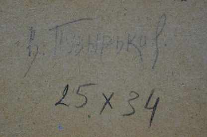Back of oil painting Seascape by Puzyrkov Viktor Grigorievich with handwritten inscription and measurements on textured beige surface
