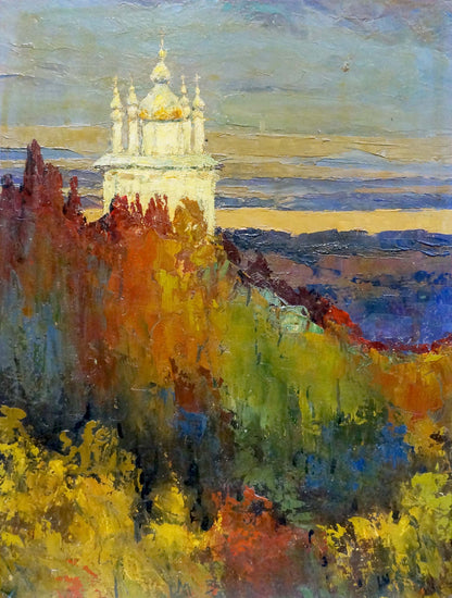 Oil painting by Kolosovsky Georgy Sergeevich: white church with golden domes in autumn landscape