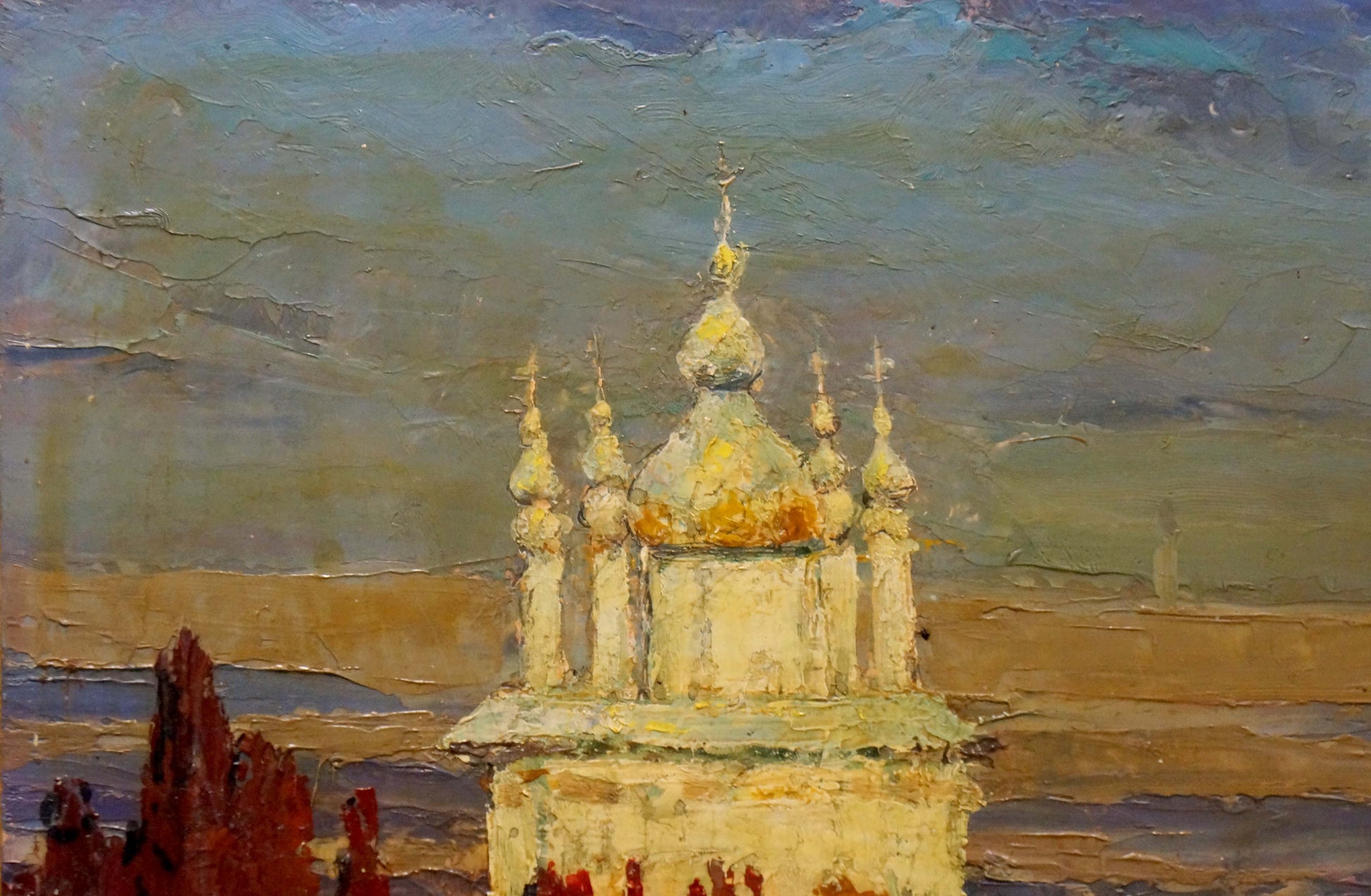 Oil painting Evening landscape by Kolosovsky Georgy Sergeevich: white church with golden domes