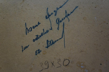 Back of Kolosovsky Georgy Sergeevich oil painting with blue ink signature and measurements on beige surface