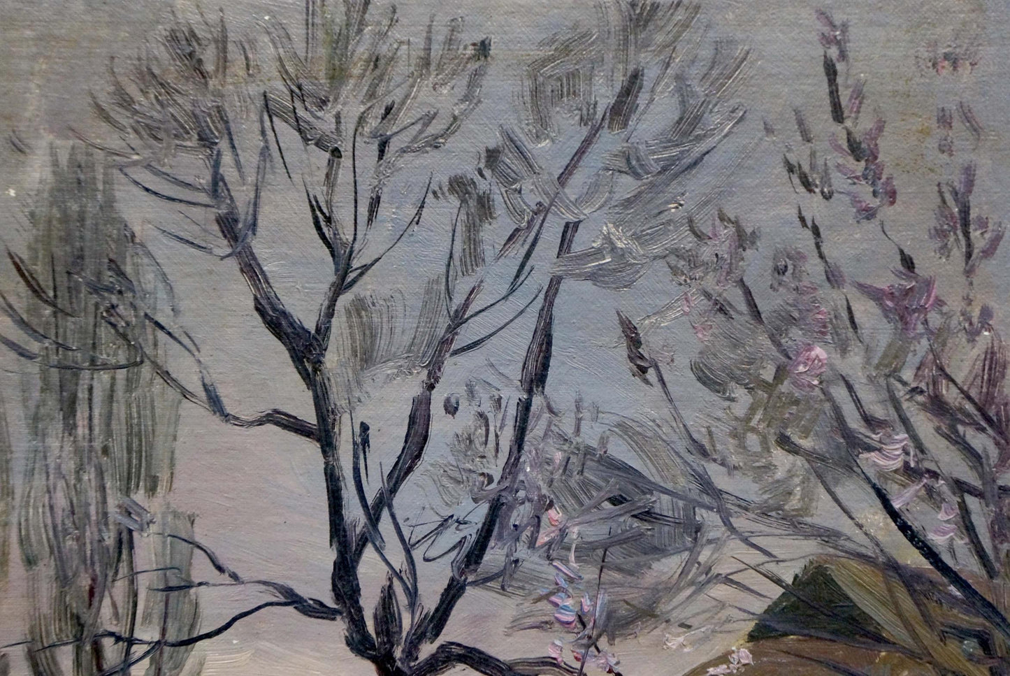 Oil painting Evening in the village by Solodovnikov Aleksey Pavlovich: bare branches with pink blossoms on gray background