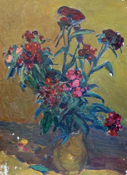 Vibrant oil painting of red and pink bouquet in golden vase, unknown artist