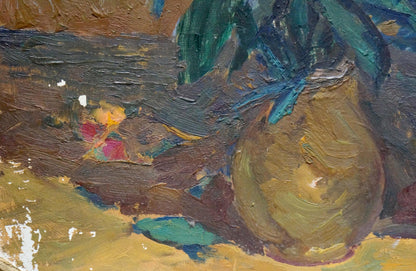 Oil painting of textured golden-yellow fruit with green leaves, bouquet of red flowers