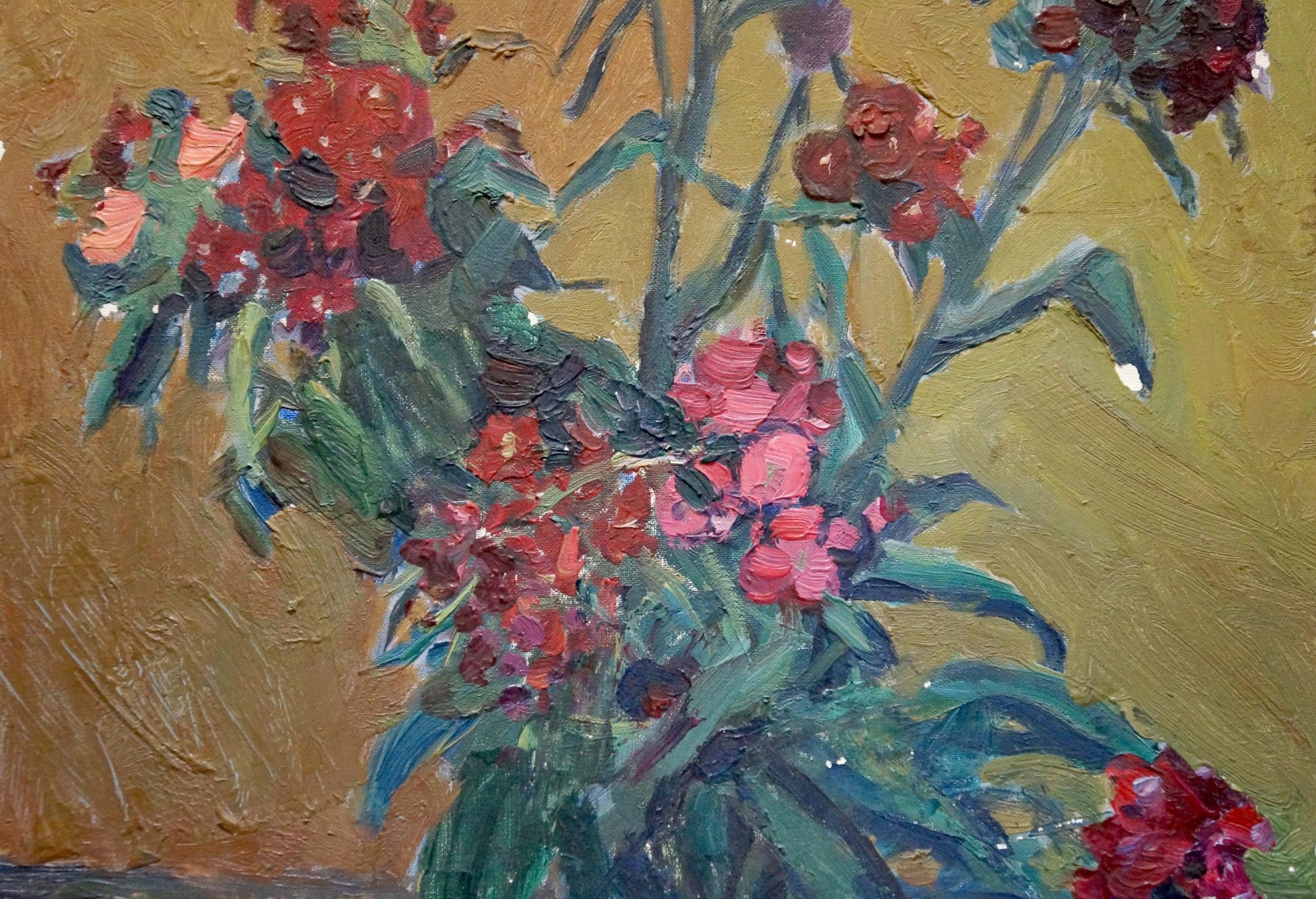 Oil painting of red flower bouquet by unknown artist